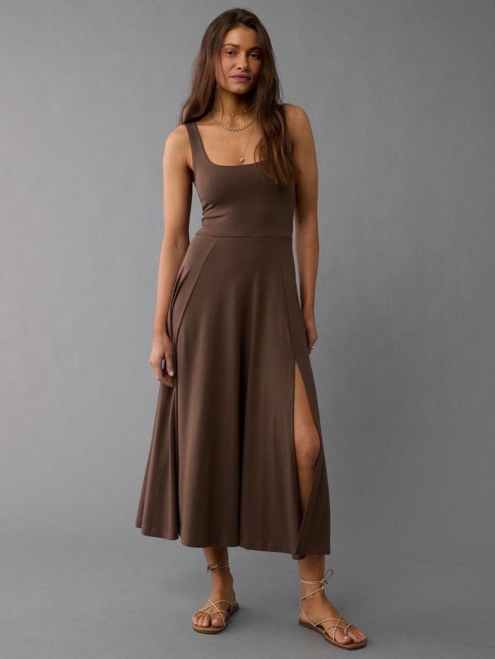 American Eagle Outfitters Brown Scoop Neck Midi/Maxi Dress